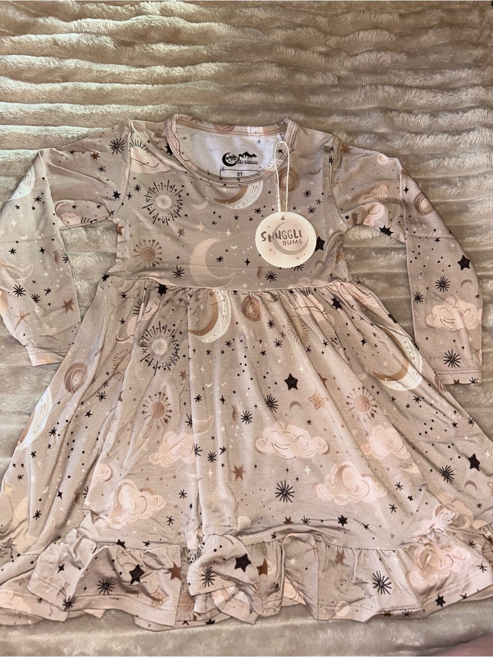 BAMBOO Beige Moon & Star Long Sleeve Twirl Dress